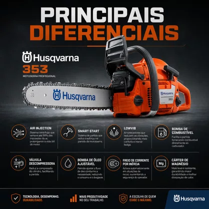 Motosserra Husqvarna 353 Gasolina 51,7cc 3,27HP Sabre 18 Pol Profissional