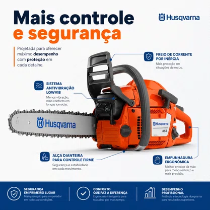 Motosserra Husqvarna 353 Gasolina 51,7cc 3,27HP Sabre 18 Pol Profissional