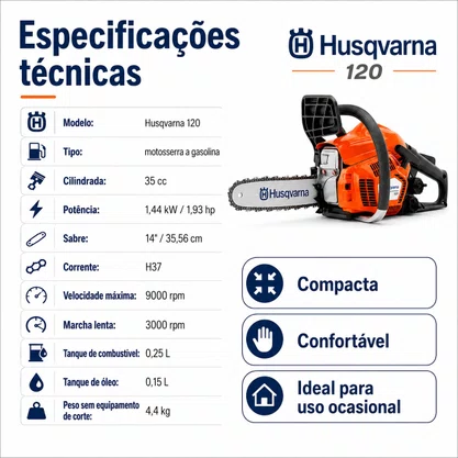 Motosserra Husqvarna 120 Gasolina 35cc 1,96HP Sabre 14 Pol