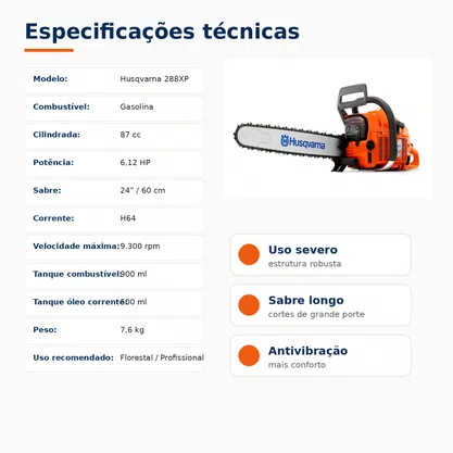 Motosserra Husqvarna 288XP Gasolina 87cc 6,12HP Sabre 24 Pol Profissional