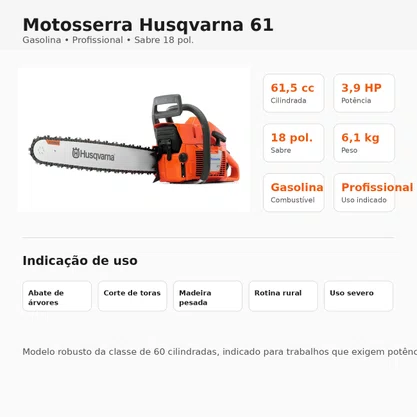 Motosserra Husqvarna 61 Gasolina 61,5cc 3,9HP Sabre 18 Pol Profissional