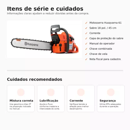 Motosserra Husqvarna 61 Gasolina 61,5cc 3,9HP Sabre 18 Pol Profissional