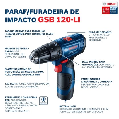 Parafusadeira e Furadeira á Bateria com Maleta Bosch GSB 120-LI 12V