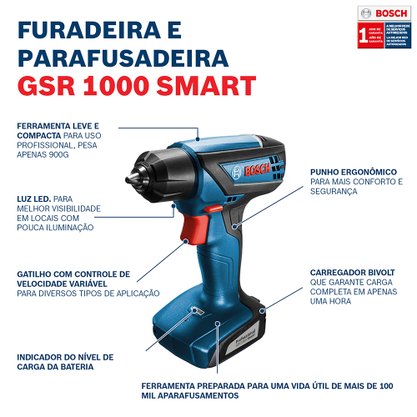 Parafusadeira e Furadeira á Bateria Smart Bosch GSR 1000 12V