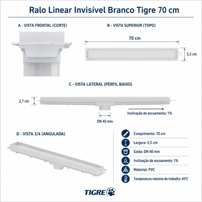 Ralo Linear Invisível Branco 70 Cm Tigre