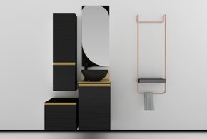 Conjunto de balcão de Banheiro Marsala Preto com Puxador Dourado Mazzu 90 cm