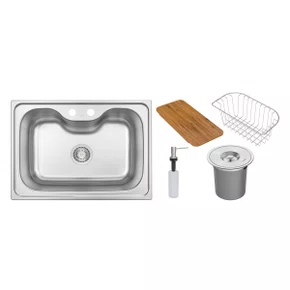 Cuba Tramontina Morgana 60 FX Undermount em Aço Inox com Lixeira de Embutir 5 L, Tábua de Madeira, Dosador de Sabão, Cesto Aramado e Válvula