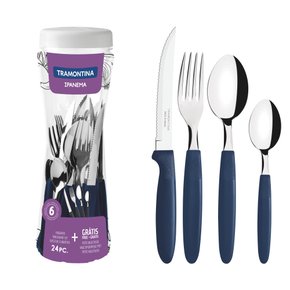 Faqueiro Ipanema Lâmina Aço Inox e Cabo Azul com Pote Plástico Tramontina 24 Peças 23399/191