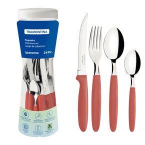 Faqueiro Ipanema Lâmina Aço Inox e Cabo Goiaba com Pote Plástico Tramontina 24 Peças 23399/091