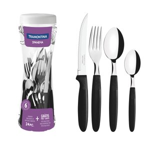 Faqueiro Ipanema Lâmina Aço Inox e Cabo Preto com Pote Plástico Tramontina 24 Peças 23399/091