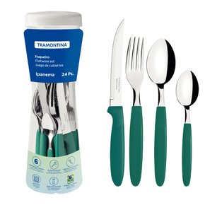 Faqueiro Ipanema Lâmina Aço Inox e Cabo Verde Esmeralda com Pote Plástico Tramontina 24 Peças 23399/091