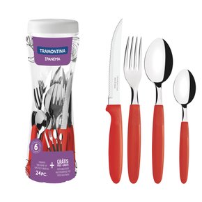 Faqueiro Ipanema Lâmina Aço Inox e Cabo Vermelho com Pote Plástico Tramontina 24 Peças 23399/191