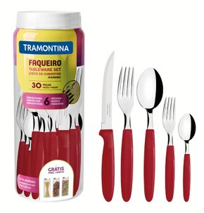 Faqueiro Ipanema Lâmina Aço Inox e Cabo Vermelho com Pote Plástico Tramontina 30 Peças 23398/788