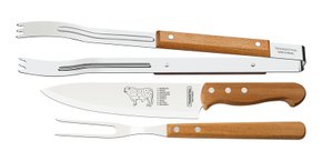 Jogo Churrasco Lâminas Aço Inox e Cabos de Madeira Natural Tramontina 3 Peças 22399/075