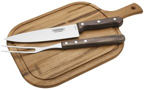Jogo para Churrasco Aço Inox Cabo Castanho Polywood com Tábua de Madeira  Tramontina 3 Peças 21198/914