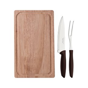 Jogo para Churrasco Plenus Lâmina Aço Inox e Cabo Marrom com Tábua de Madeira Tramontina 03 Peças 23498/458