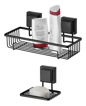 Kit Banheiro Porta Shampoo Saboneteira Ventosa Preto Fosco